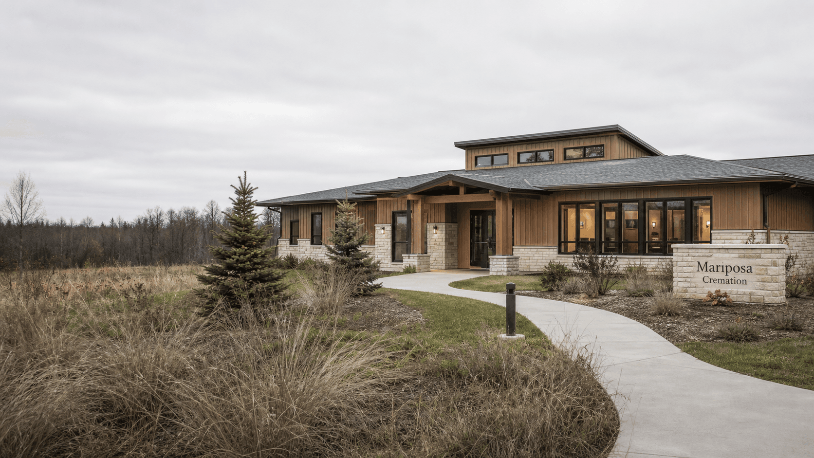 Quiet Wisconsin professional building with prairie grasses on an overcast morning.