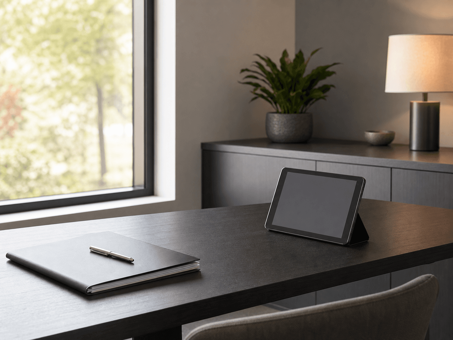A quiet consultation desk with simple documents and soft window light.